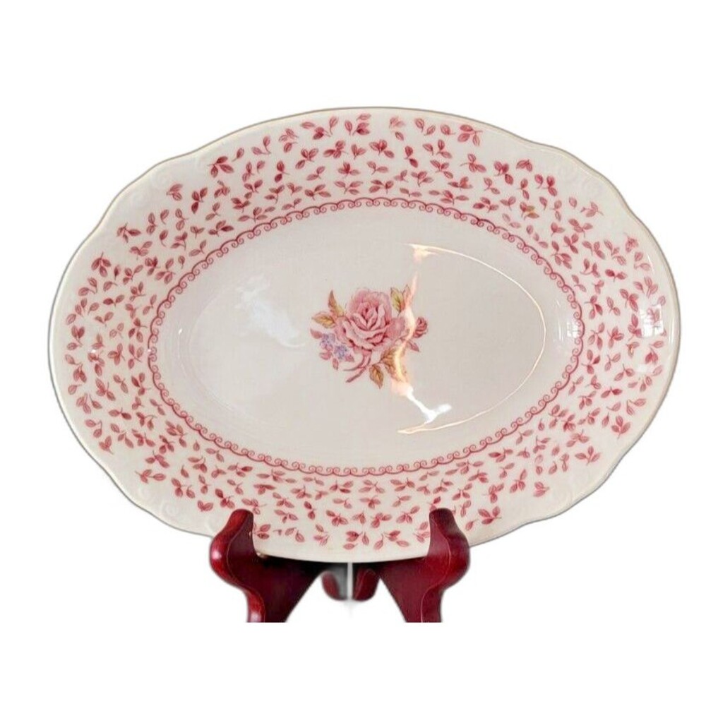 Vintage Nikko Cameo Rose Pattern Ironstone Pink 9.5 x 7 x 2"" Oval Serving Bowl